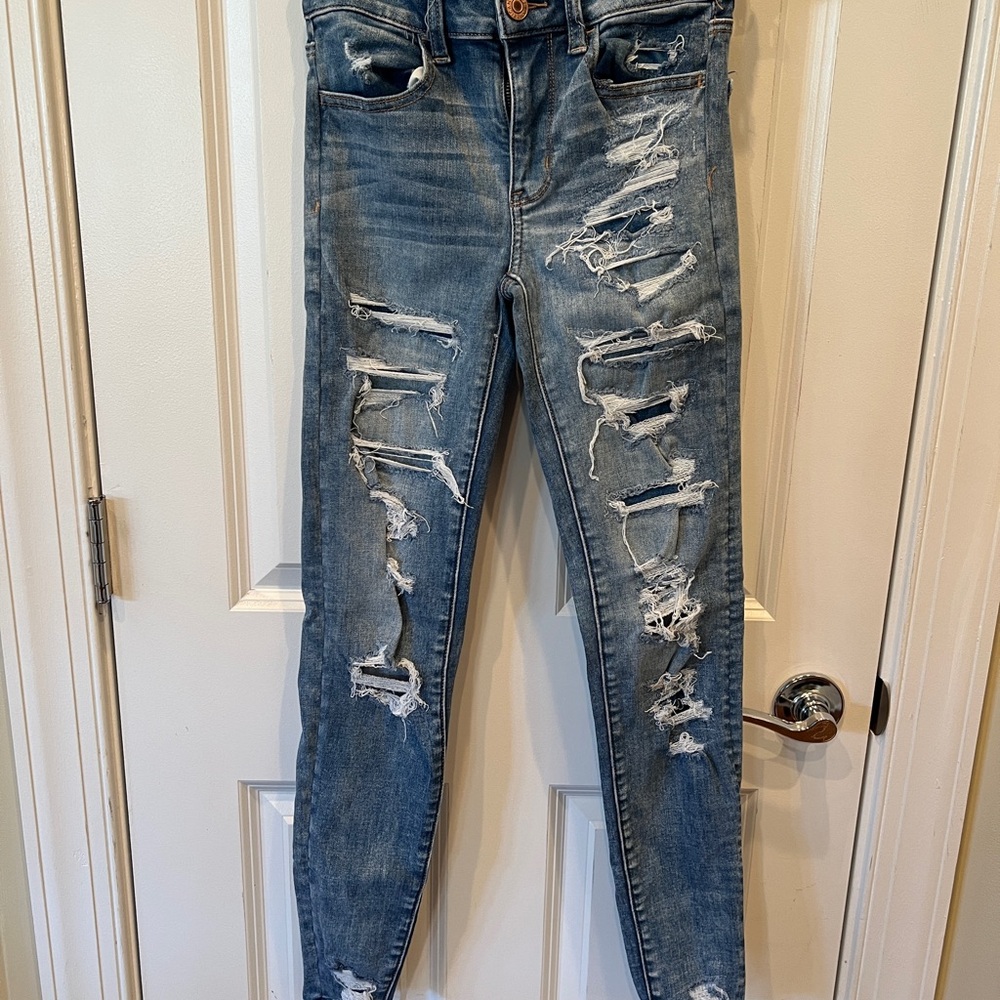American Eagle Outfitters Blue Skinny Jeans with Distressed Details
